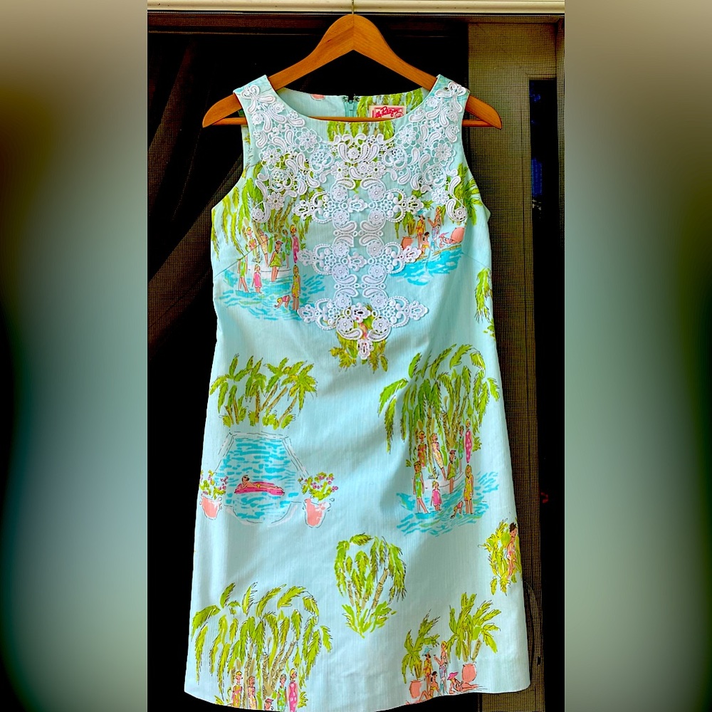 Lilly Pulitzer shift dress, size 2, printed pastels with white lace